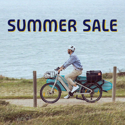Summer Sale Monty Bikes: persona montando una bicicleta eléctrica de carga junto al mar con una tabla de paddle surf.